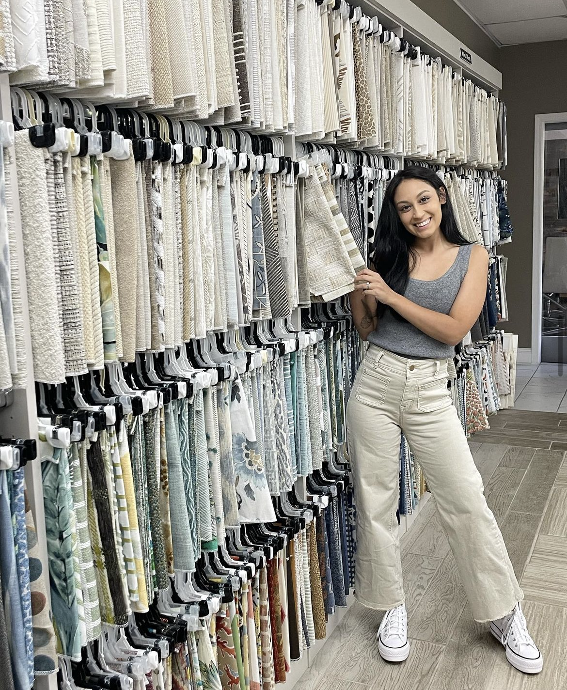 Raleigh, NC, top interior designer, Ciara Robinson, shopping for fabric.