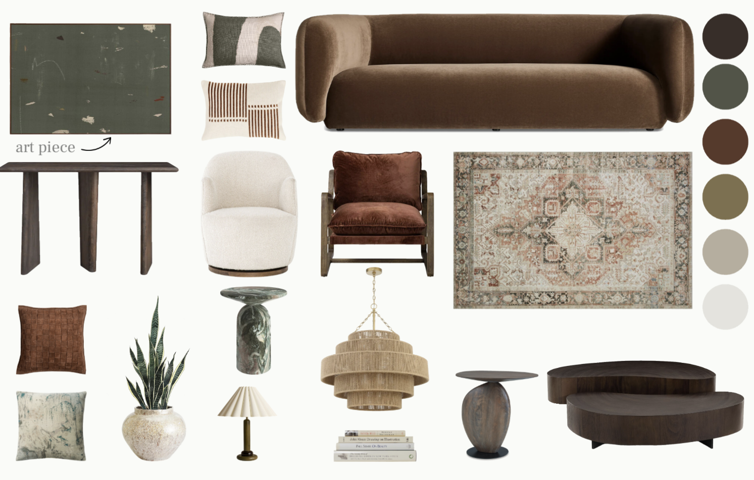 Collage of modern home decor items including a brown sofa, patterned rug, abstract art piece, several pillows, a table, a plant in a pot, and lighting fixtures. Neutral color palette.