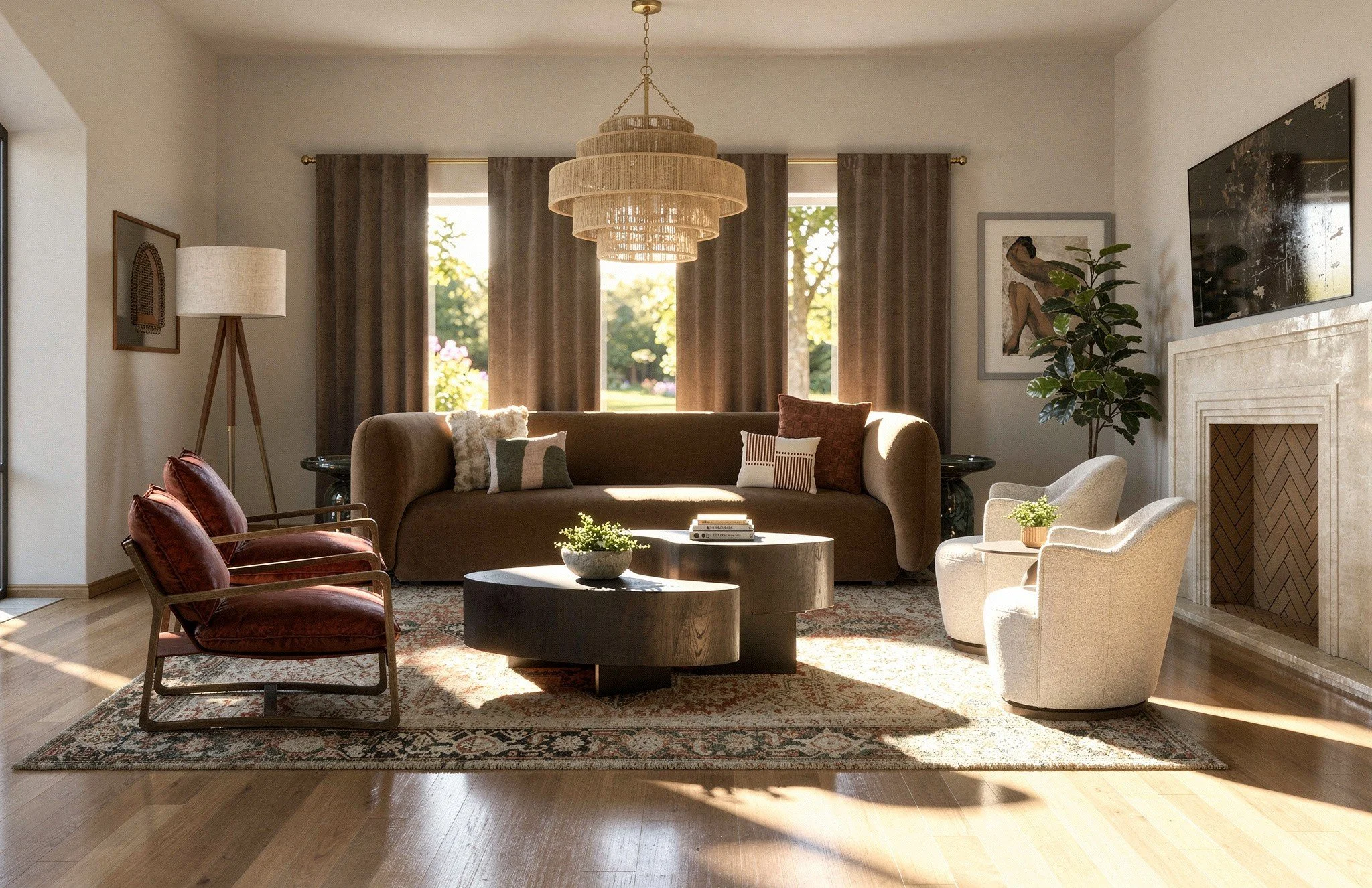 Modern living room with brown curved sofa, round coffee tables, patterned area rug, white armchairs, large floor lamp, potted plant, artwork, and fireplace with wooden herringbone design.