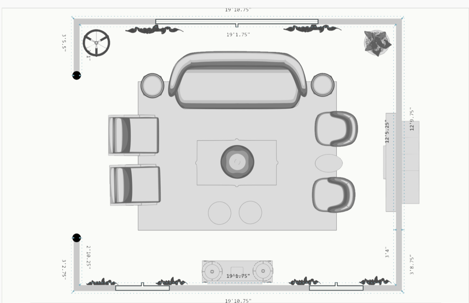 Top view of a room layout with a sofa, chairs, and a table.