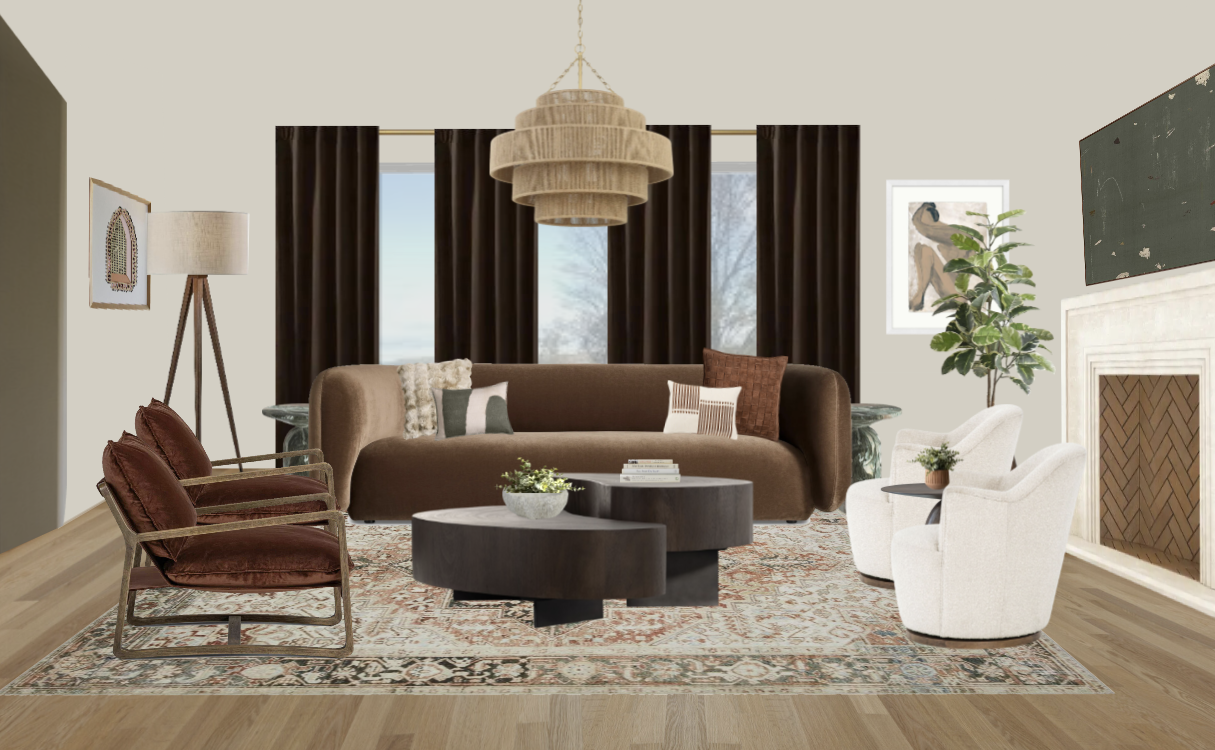 Modern living room with brown curved sofa, round coffee tables, patterned area rug, white armchairs, large floor lamp, potted plant, artwork, and fireplace with wooden herringbone design.