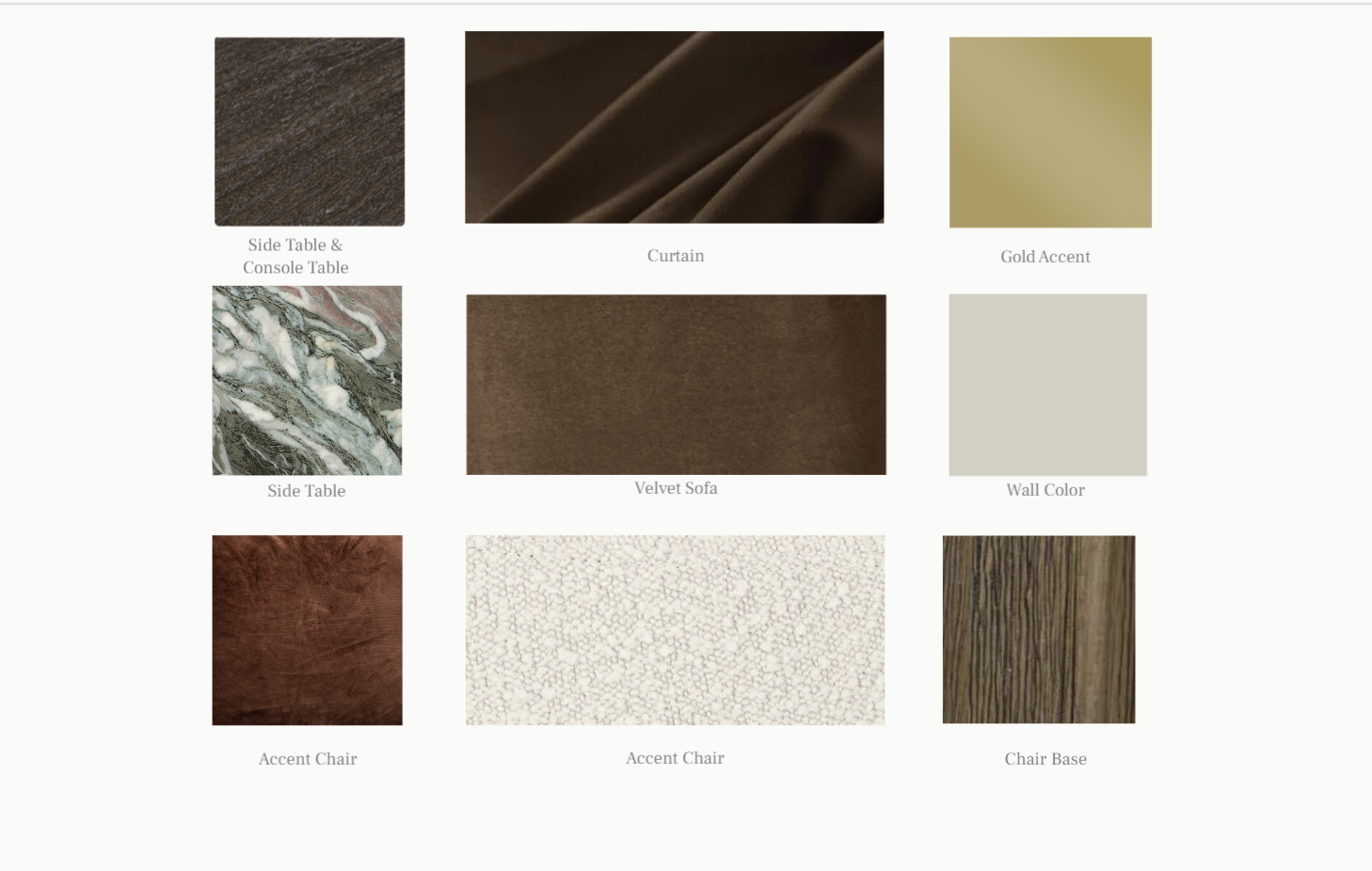 Image displaying nine material and color samples for home decor, including side table & console table texture, curtain fabric, gold accent, marble side table, velvet sofa, wall color, accent chair fabrics, and chair base wood grain.