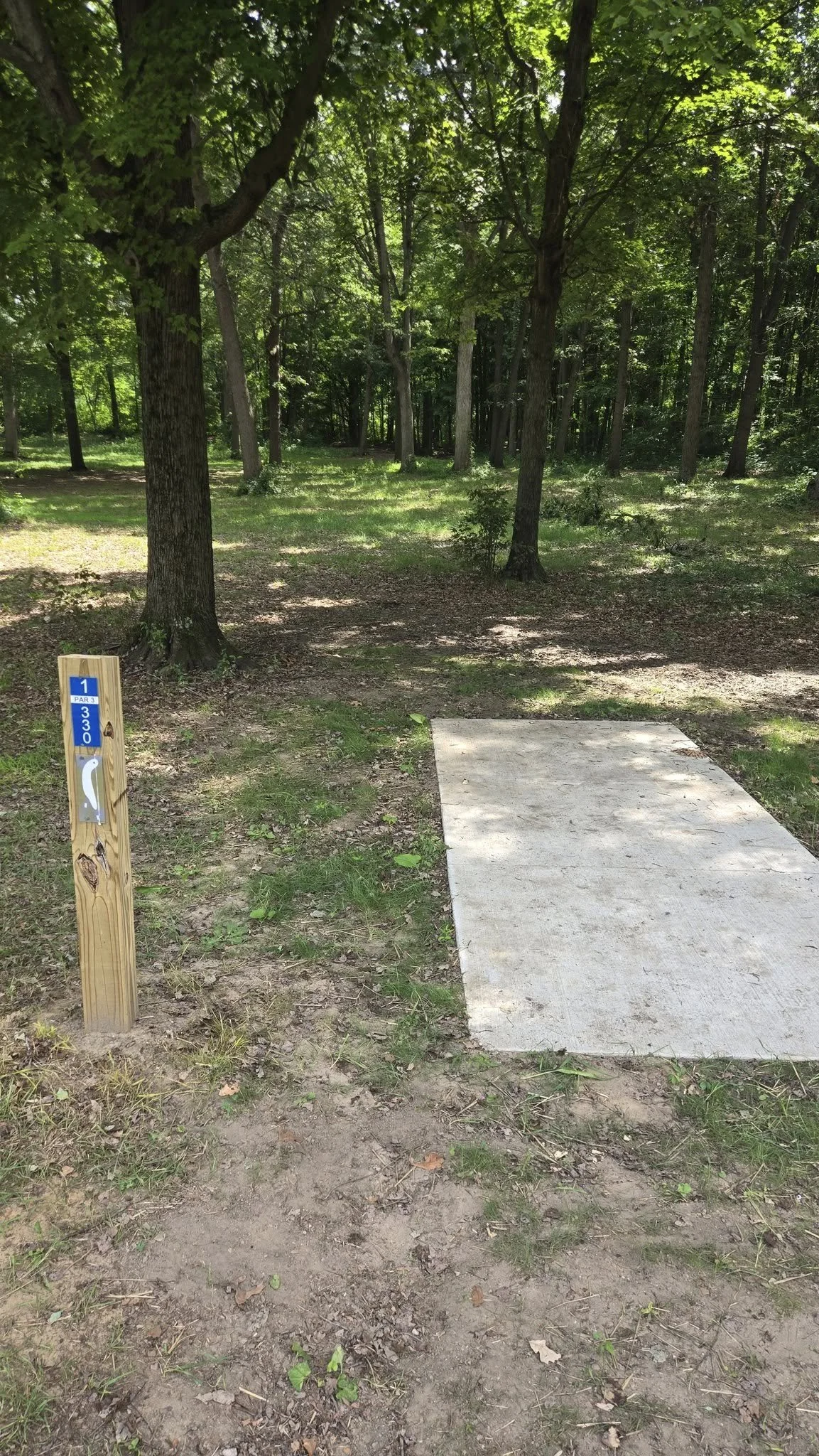 Disc golf tee pad on a grassy area surrounded by trees with a small sign indicating hole 1, par 3, distance 330 feet.