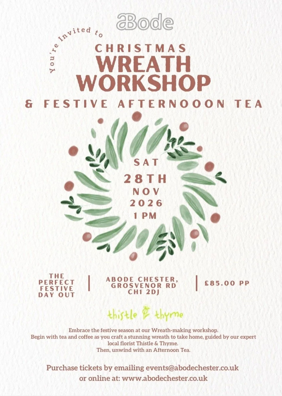 Christmas Wreath Workshop & Festive Afternoon Tea at The Abode Chester