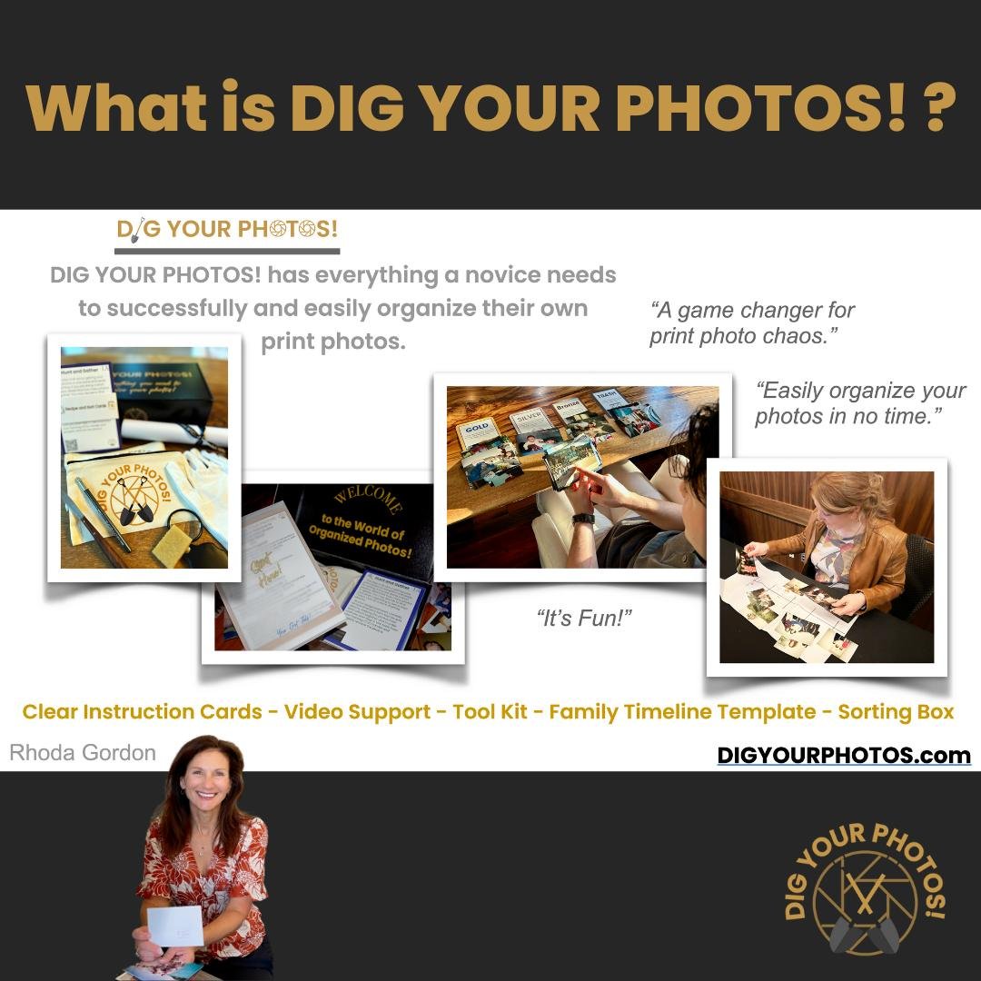 What to do with all those boxes and bags of loose photos? DIG YOUR PHOTOS! is the answer! It has everything you need to successfully and easily organize your print photos. #memoriesmade #family #familyhistorian #mom #Mothersday2024 #familytime #Organ