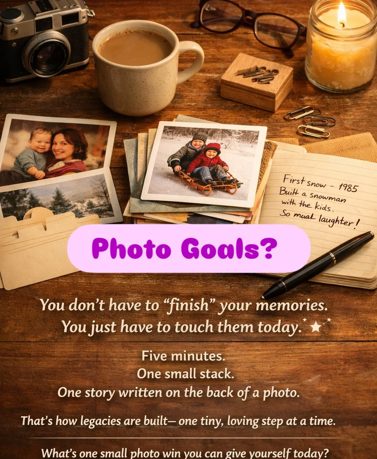 If you started organizing photos this month and already feel the momentum slipping &mdash; this is your gentle reminder:

You don&rsquo;t have to &ldquo;finish&rdquo; your memories.
You just have to touch them today.

Five minutes.
One small stack.
O