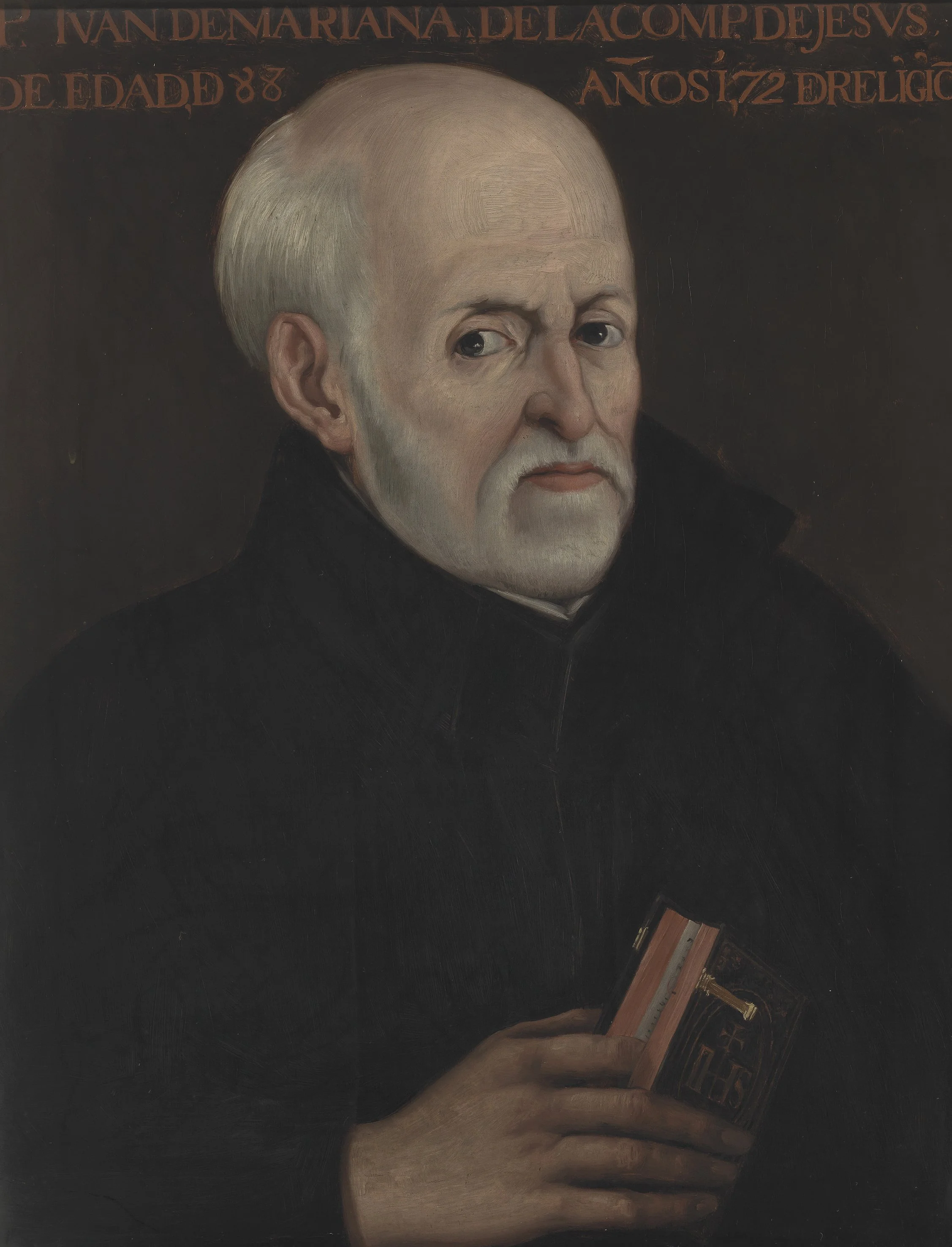 Portrait of an elderly man holding a book, wearing a dark robe, with a neutral expression, against a dark background with some text at the top.