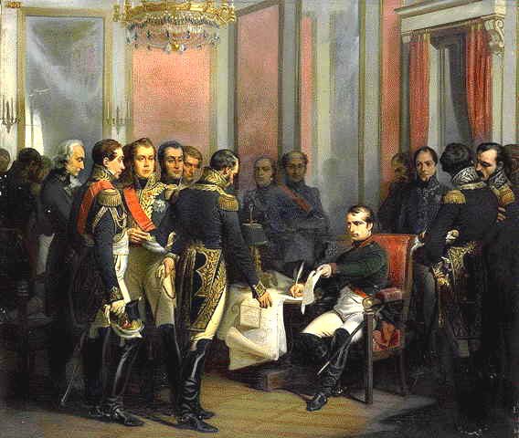 A historical painting depicting a group of men in military uniforms gathered around a seated man, who is signing a document. The setting is an elegant room with chandeliers and large windows.
