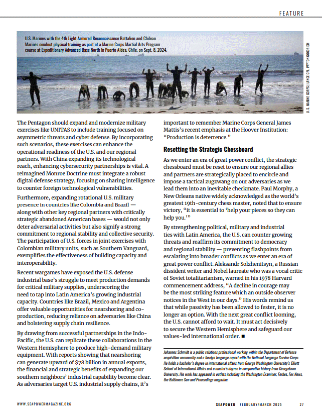 Military personnel and exercises in Chile with related article text in Seapower magazine, Feb/Mar 2025 edition.