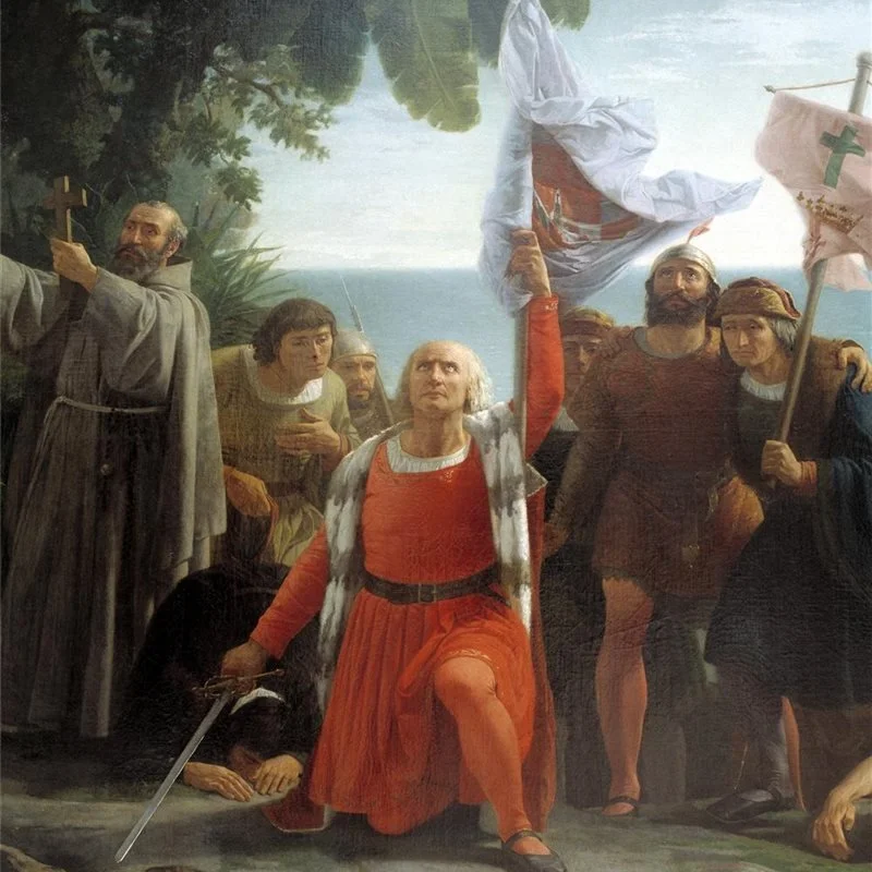 A historical painting depicting a group of explorers, one kneeling with a flag, and another holding a cross. The scene suggests a moment of discovery or claiming land, surrounded by trees and a view of the sea in the background.