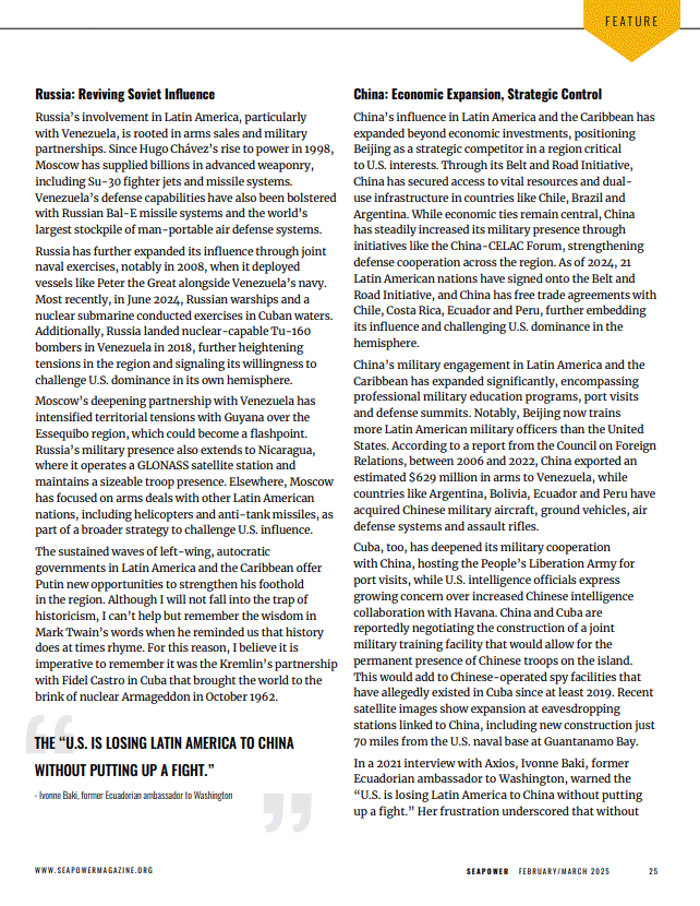 Magazine article page discussing Russia and China's influence in Latin America and the Caribbean. The article highlights Russia’s military involvement with Venezuela and other countries, while detailing China's economic strategies and military ties in the region. A quote at the bottom emphasizes growing concern over U.S. influence loss. Published in SeaPower Magazine, February/March 2025.