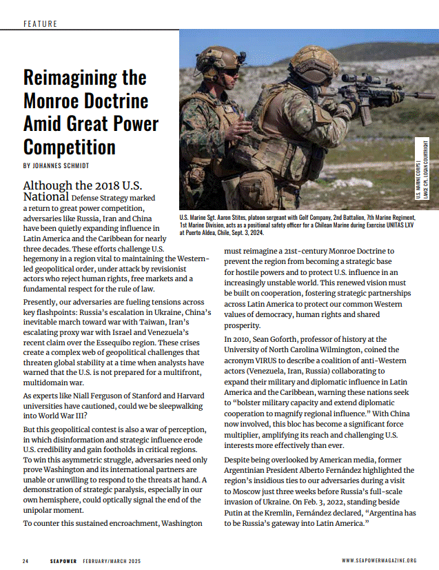 Magazine page discussing the Monroe Doctrine with an article by Johannes Schmidt, including a photo of two military personnel in combat gear. The text addresses geopolitical challenges posed by countries like Russia, Iran, and China in Latin America, emphasizing U.S. strategic interests. The image caption relates to a U.S. Marine during an exercise in Chile, September 2024.