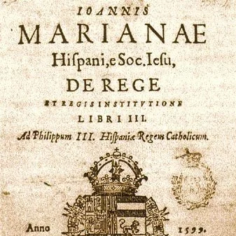 Old book cover titled "De Rege et Regis Institutione," authored by Ioannis Marianae, published in Toledo in 1599. Features ornate coat of arms.