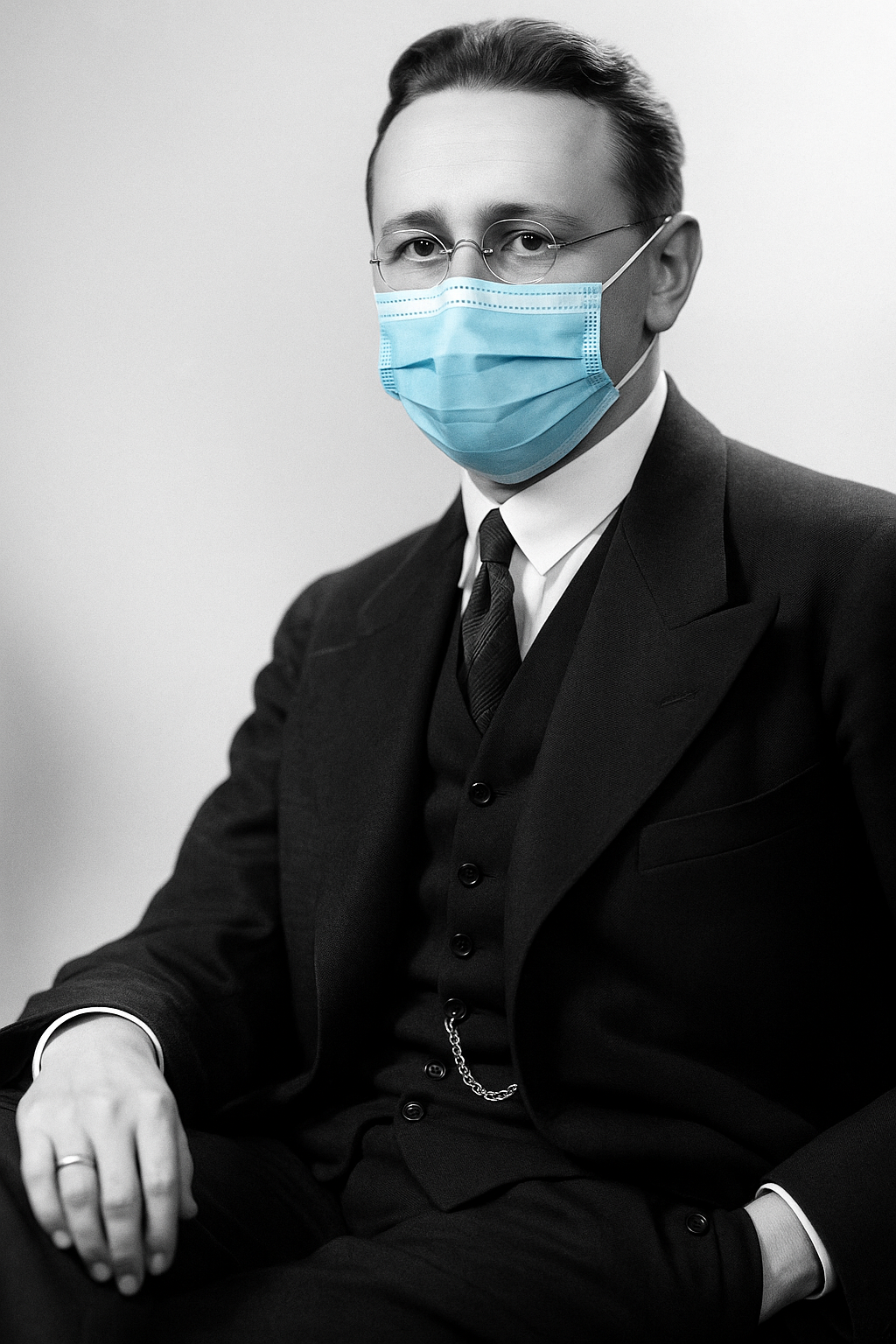 A man in a suit and tie wearing a blue surgical mask.