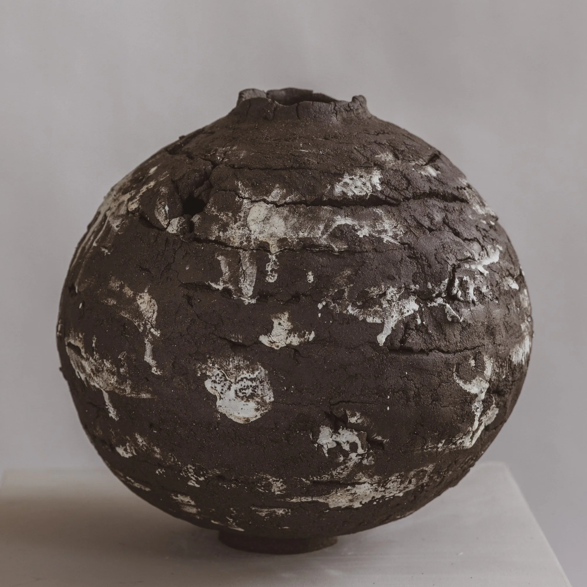 #43 Moon Jar, 11" H x 10"W, Sculpture clay, porcelain slip.