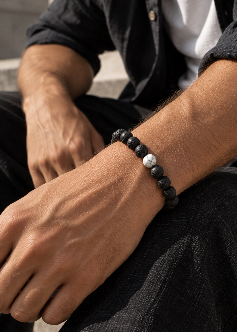 Lava Stone Beaded Bracelet with Howlite centre stone.png