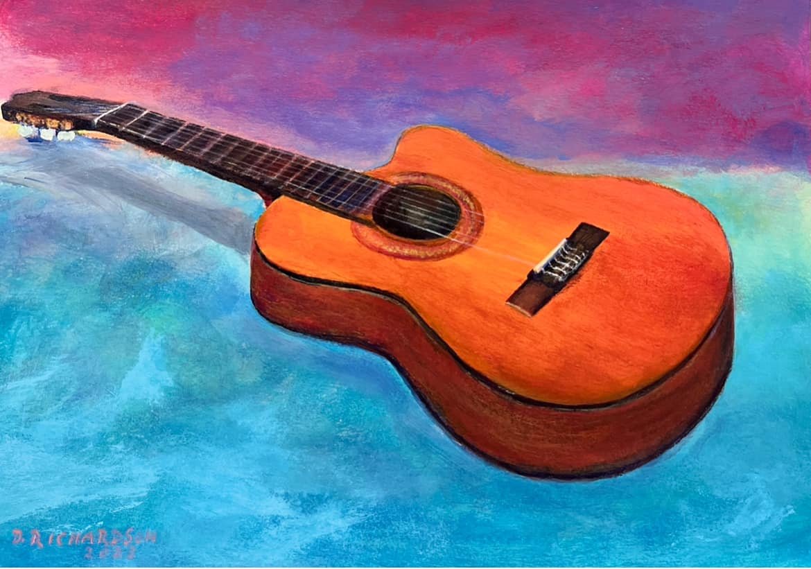 I painted this guitar portrait of my nylon-string Washburn .. an older one of theirs I was lucky to find on marketplace.. 
painted a year ago and I ❤️ this guitar&hellip; it is electric-acoustic, but I left the EQ panel off for this painting.  I inte
