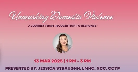 💻 Join us online Friday, March 13 from 1&ndash;3 PM EST!

Our founder, Jessica Straughn, LMHC, will present &ldquo;Unmasking Domestic Violence: A Journey from Recognition to Response&rdquo; for the Florida Mental Health Counselors Association.

This