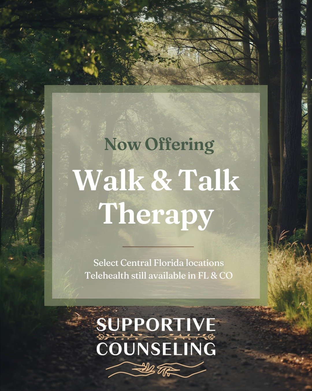 🌿 Now offering Walk &amp; Talk Therapy sessions with Supportive Counseling, LLC (select Central Florida locations near Winter Park).
If sitting face-to-face feels intense, or you feel stuck in your head, walking side-by-side can make it easier to op