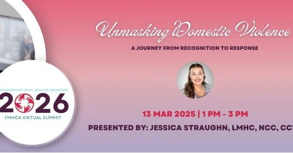 💻 Join us online this Friday, March 13 from 1&ndash;3 PM EST!

Our founder, Jessica Straughn, LMHC, will present
&ldquo;Unmasking Domestic Violence: A Journey from
Recognition to Response&rdquo; for the Florida Mental Health
Counselors Association.
