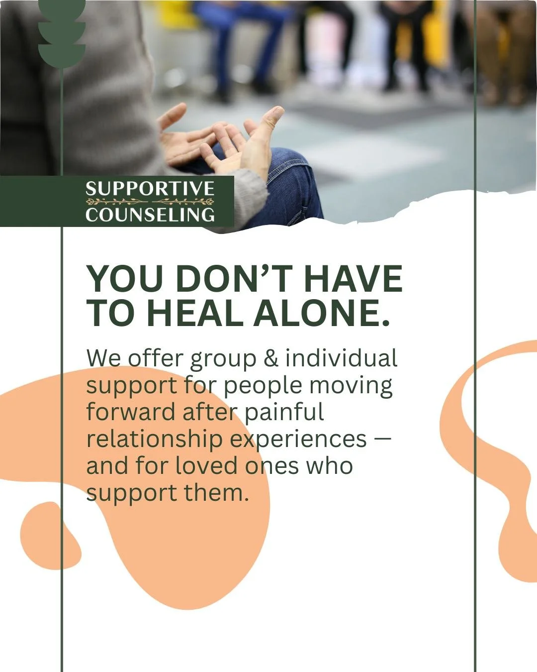 Healing begins with one small step &mdash; and the right company. 💛

We offer group and individual support (in partnership with Harbor House of Central Florida ) for people moving forward after painful relationship experiences &mdash; and for the fr
