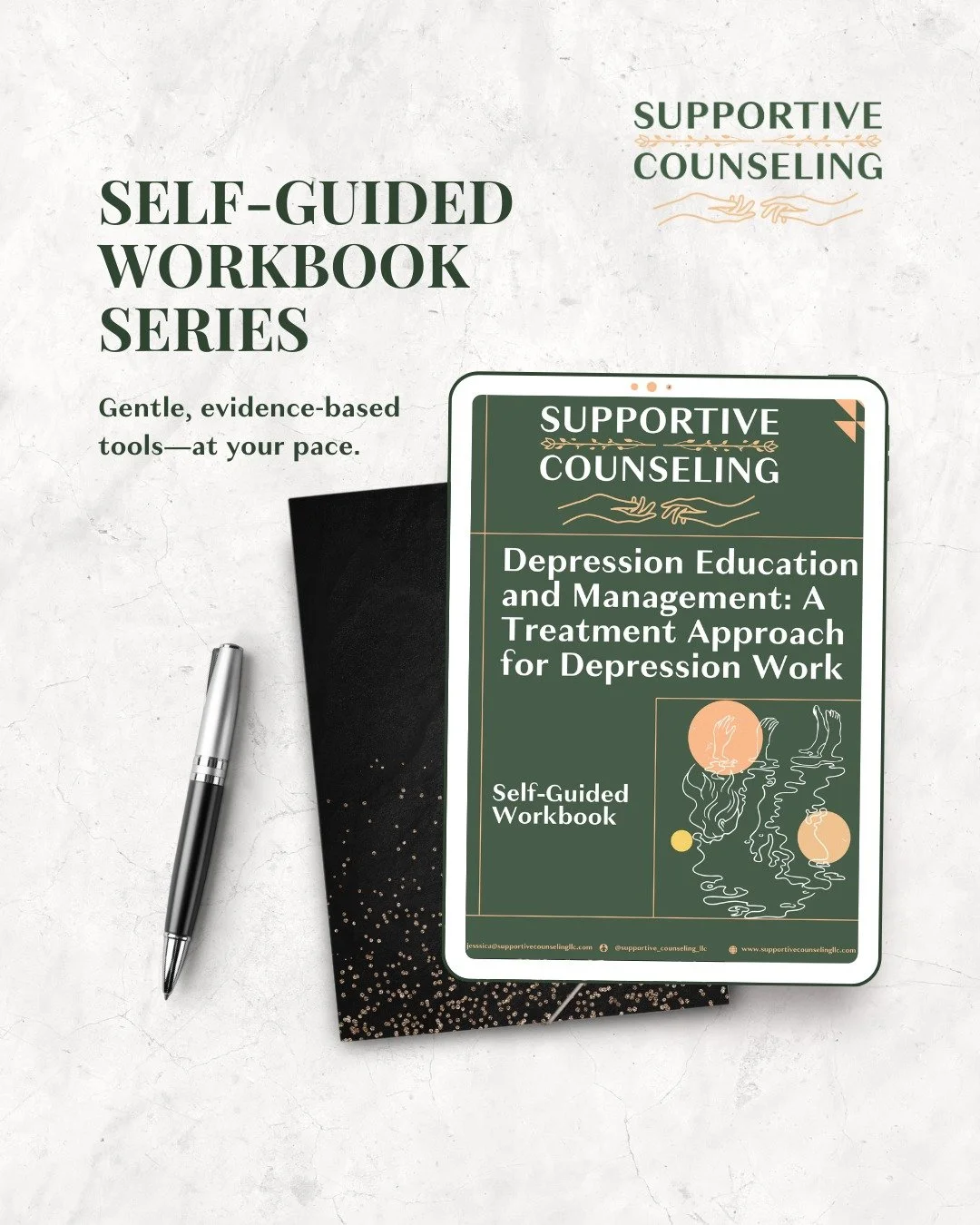 📘✨ Therapy tools that travel with you (phone, lunch break, bedtime&mdash;whenever you need them).

Our Self-Guided Workbook Series starts with the Depression Workbook&mdash;a gentle, evidence-based companion with:
&bull; CBT strategies to reframe to