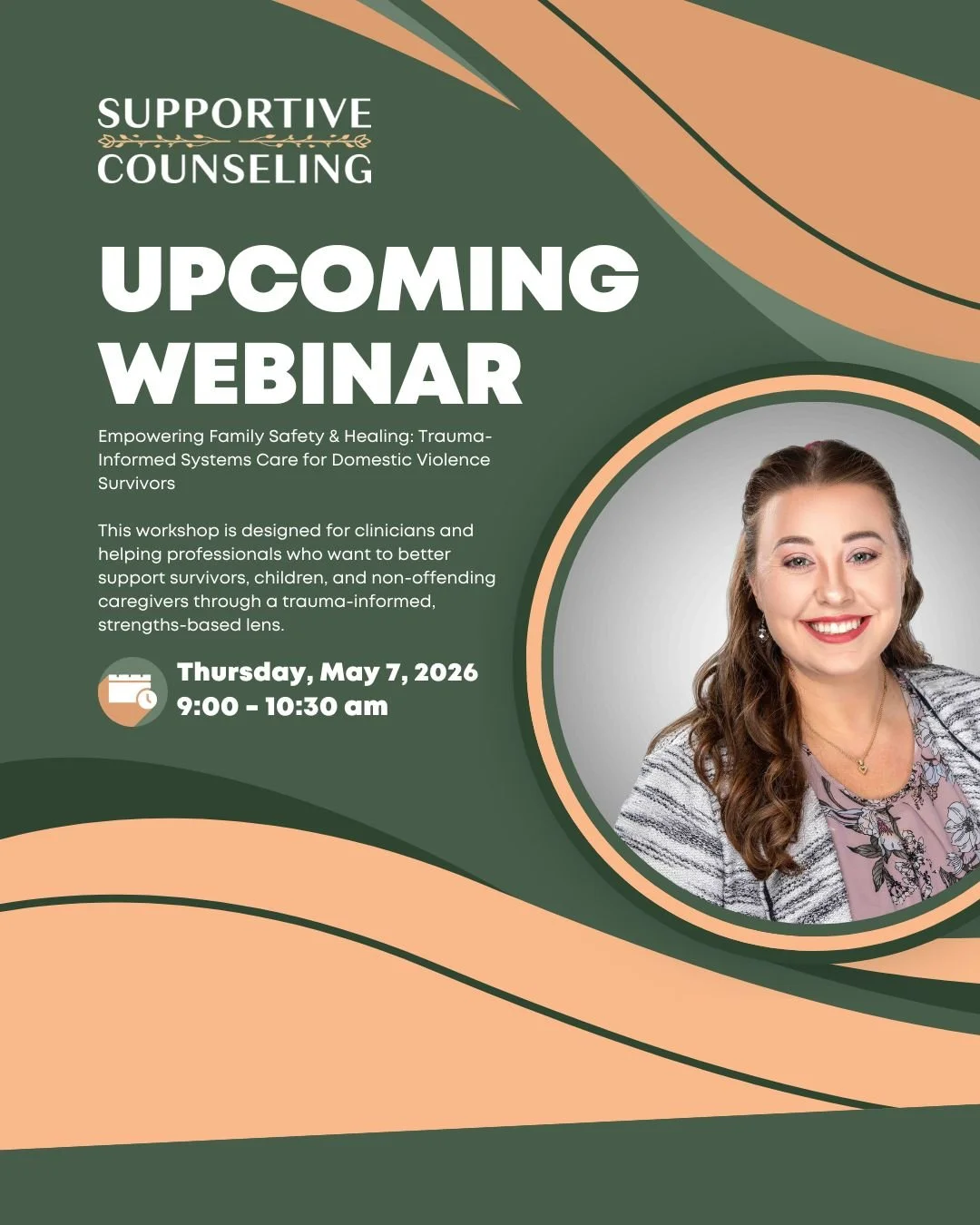 We&rsquo;re honored to share that our founder, Jessica Straughn, will be presenting this May on a topic that sits at the heart of our work at Supportive Counseling, LLC:
Empowering Family Safety &amp; Healing: Trauma-Informed Systems Care for Domesti