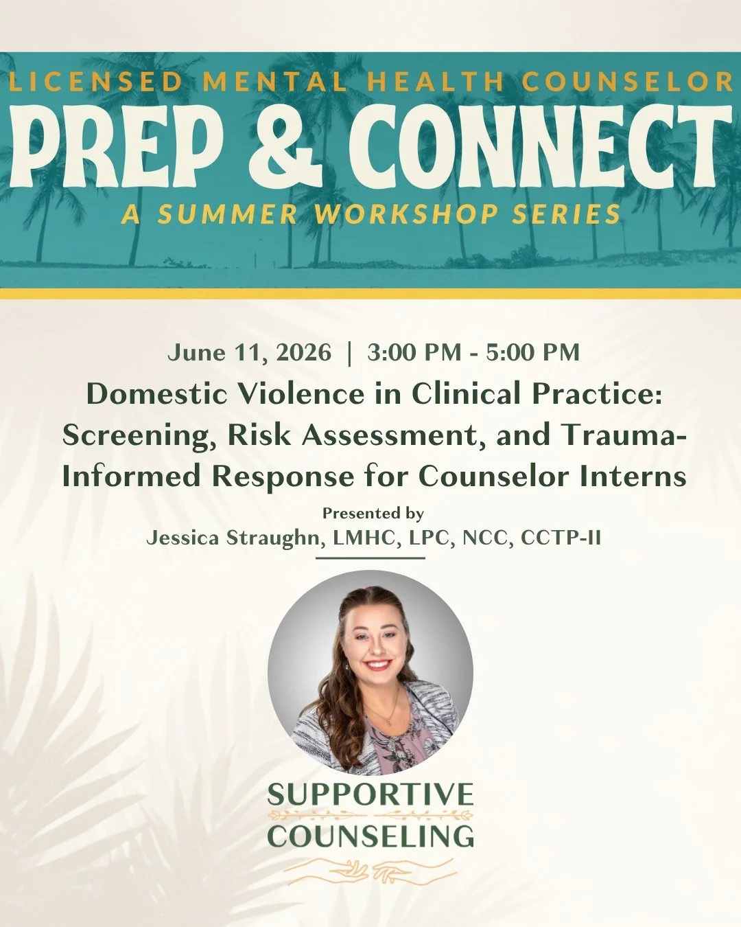 💛 Honored to support the next generation of clinicians.

Our founder, Jessica Straughn, LMHC, LPC, NCC, CCTP-II, will be presenting for the Florida Mental Health Counselors Association (@fmhca)  LMHC Prep &amp; Connect Series this June.

🎤 Domestic