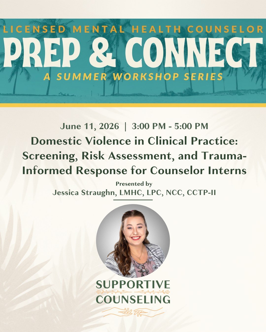⏰ Friendly reminder for counselor interns!

Our founder, Jessica Straughn, LMHC, LPC, NCC, CCTP-II, will be presenting for the Florida Mental Health Counselors Association @fmhca LMHC Prep &amp; Connect Series this month.

🎤 Domestic Violence in Cli