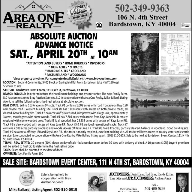 💥‼️ ABSOLUTE AUCTION! TODAY IS THE DAY! ‼️💥
💥SATURDAY APRIL 20TH at 10:00A.M. AT THE BARDSTOWN EVENT CENTER 111 N 4TH ST, BARDSTOWN, KY💥

💥💥ATTENTION ALL LAND BUYERS HOME BUILDERS &amp; INVESTORS💥💥
 Perfect spot to build your dream home 🏡 

