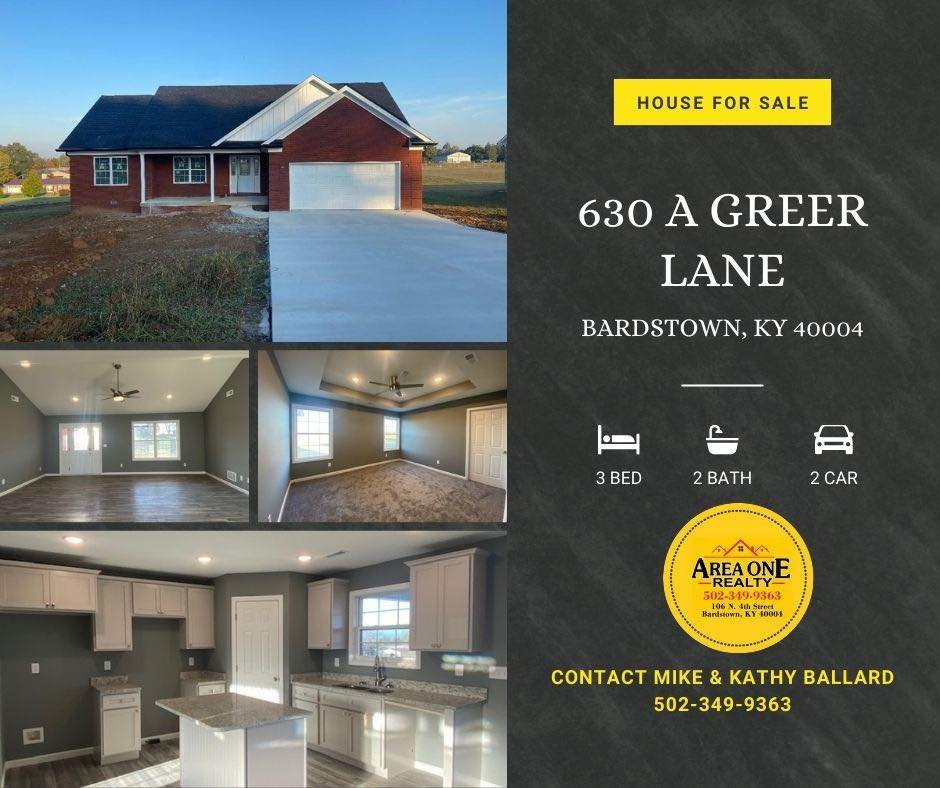 🌷🌻🌷It&rsquo;s a GREAT day to take a look at this beautiful new home 🏡 at 630A Greer Ln located in the Botland area of Historic Bardstown, Ky offered by Mike &amp; Kathy Ballard of Area One Realty 🌷🌻🌷

This wonderful new home 🏡 offers:
🌷3 bed