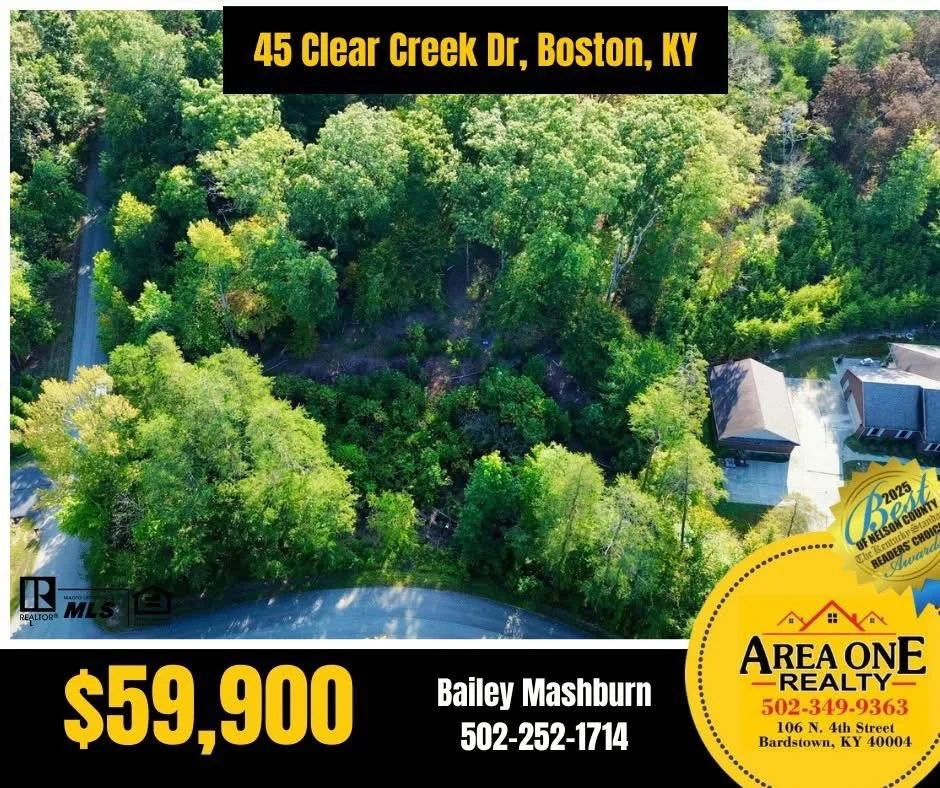Looking 👀 for a great place to build your new home 🏡 ?  Take a look at 45 Clear Creek Drive in Boston, Ky offered by Bailey Mashburn of Area One Realty!!

📍45 Clear Creek Dr
Boston, KY

🍃2.01 Acres

$59,900

Located in the serene Wildwood Estates