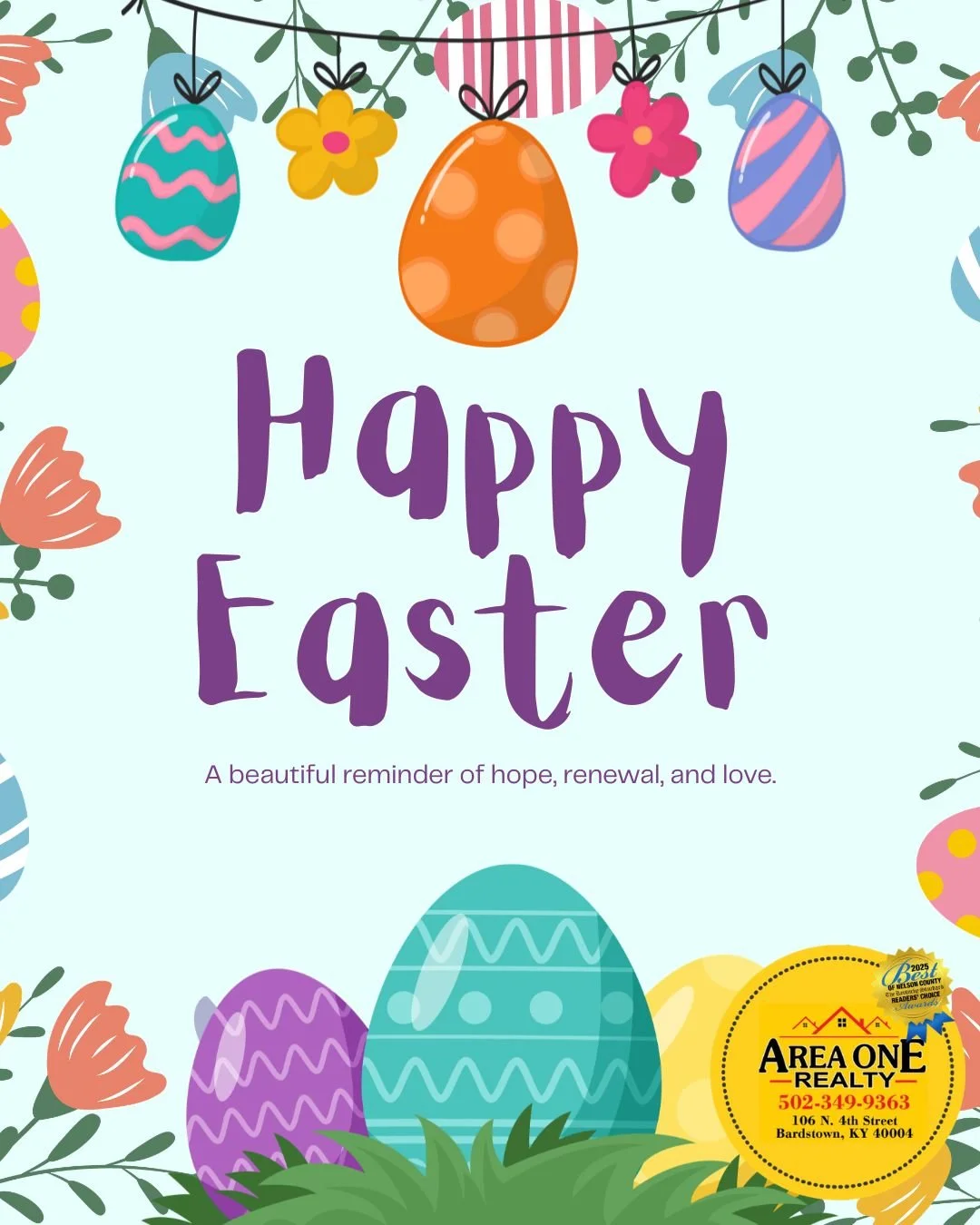 🐣 Happy Easter from Area One Realty! 🐣We Wish  each of you a joyful day filled with hope, renewal, and time spent with loved ones. May this beautiful season bring fresh beginnings, happiness, and plenty of reasons to smile. As spring continues to b