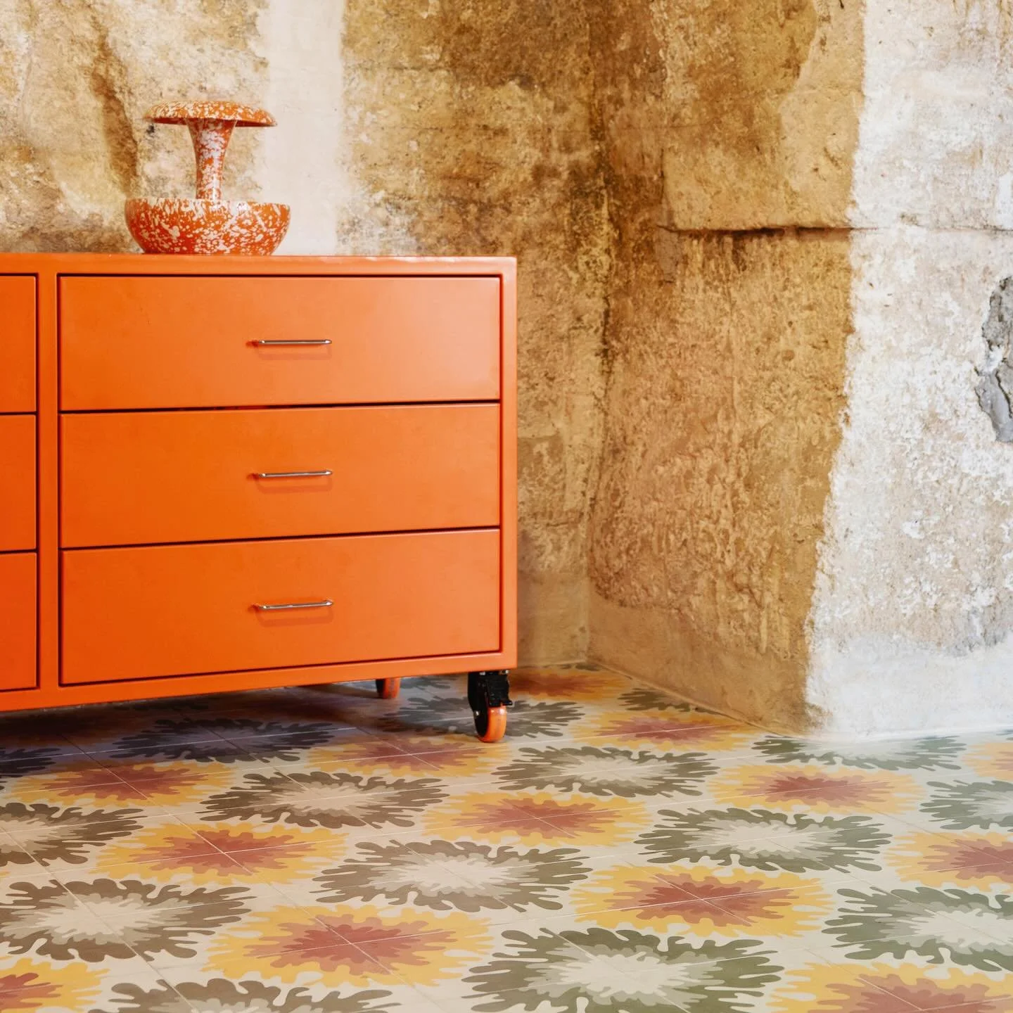 Pavimenti Marra &amp; Angelo Milano from StudioCromie teamed up for 8 new tiles designs. Handmade with the greatest love and care in Galatina, this is the first of the 8 Cementine and it&rsquo;s now installed in StudioCromie new shop at the gallery, 