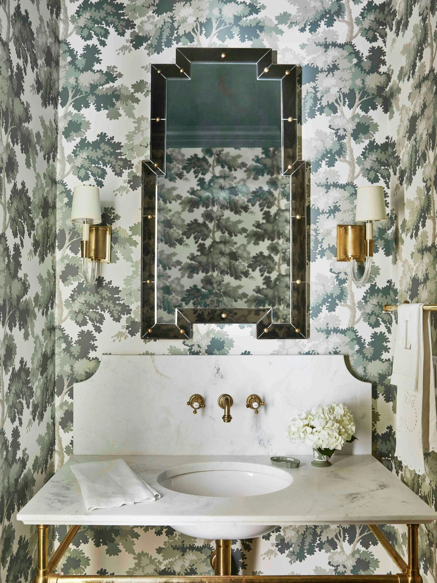 Powder rooms are made for a little drama. Pattern, polish, and personality included. 

Wallpaper: @sandbergwallpaper
Sconces: @visualcomfort

#InteriorDesign #LuxuryDesign #BathroomDesign #PowderRoom #DesignInspiration #HomeInspo #CarolineBrackettDes