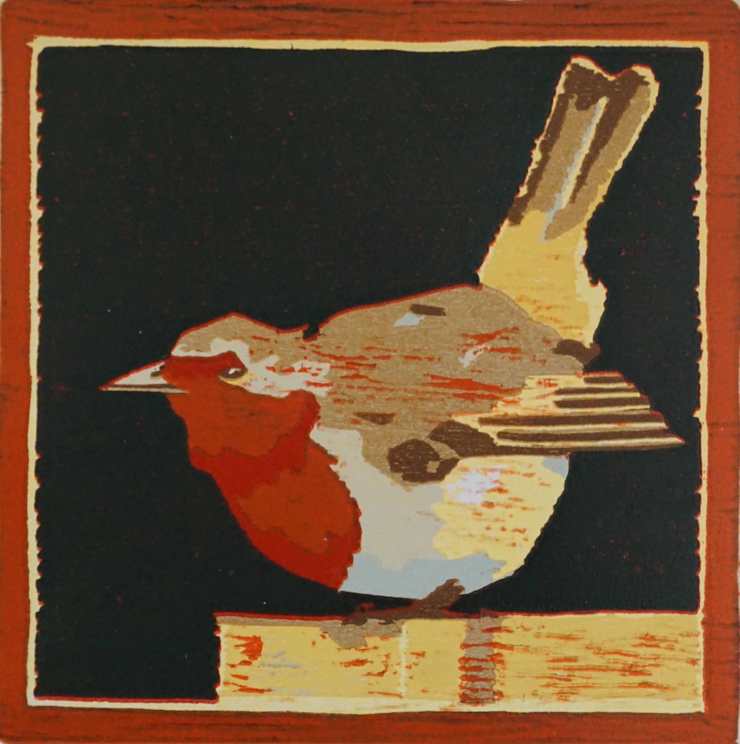 Rita de roodborst (2025), houtsnede, 20 x 20 cm, oplage: 4