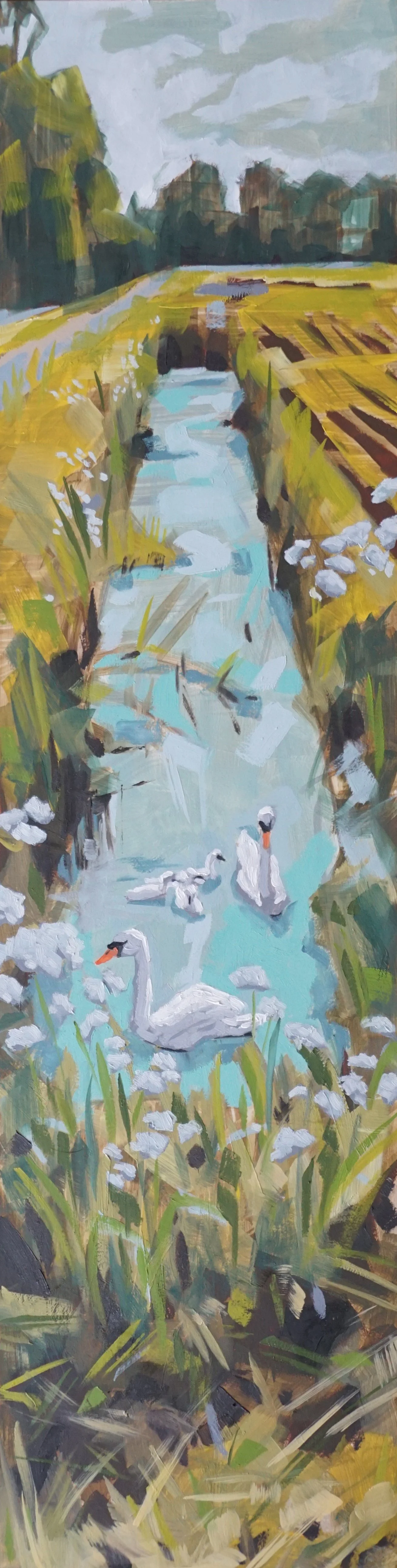 Zwanen (2024), olieverf op paneel, 79,8 x 20,7 cm