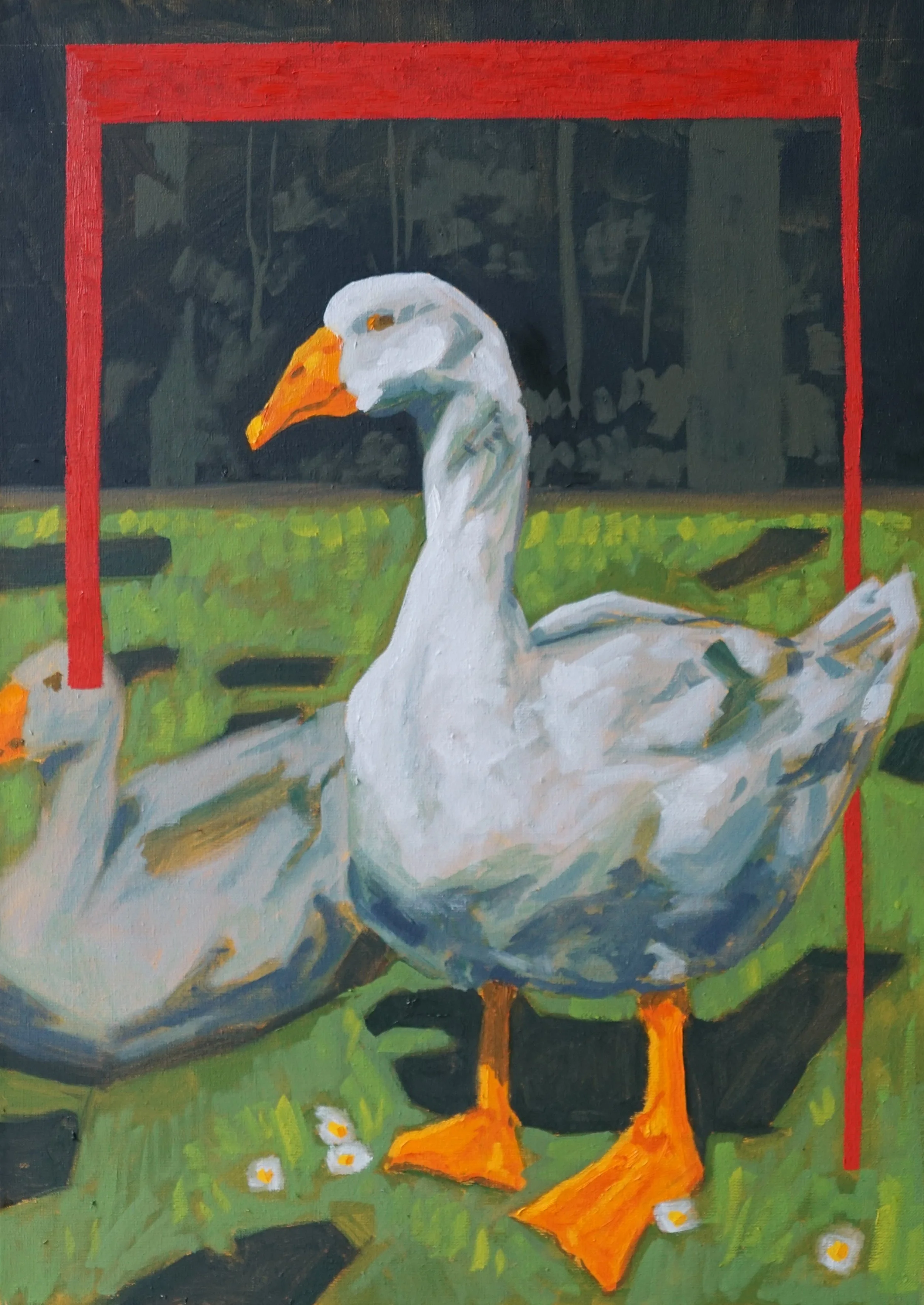 Twee ganzen (2025), olieverf op doek, 70 x 50 cm
