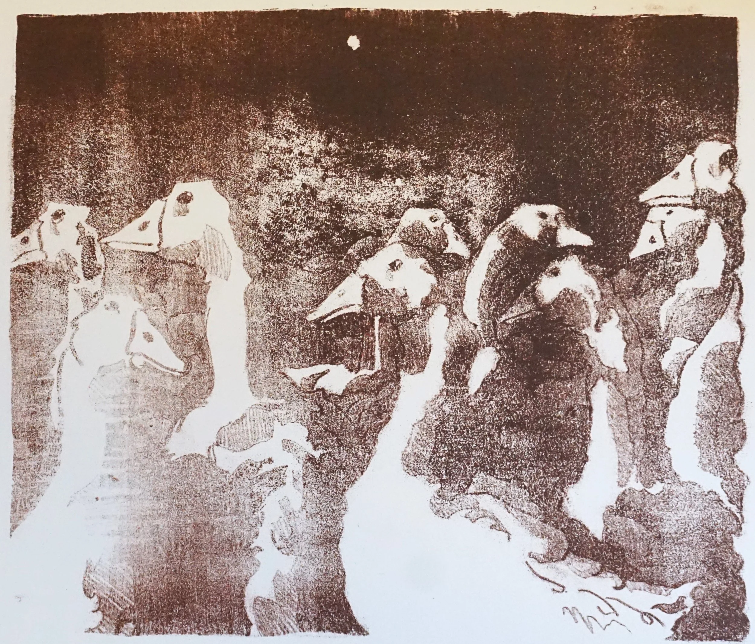 Groep ganzen (2025), lithografie, 30 x 36 cm, oplage: 2