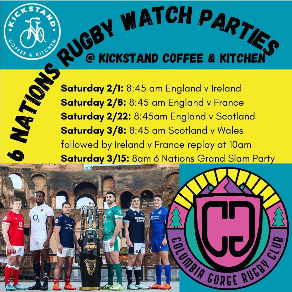 Come join us at @kickstandcoffeekitchen for some upcoming watch parties for 6 nations rugby! Enjoy some good food and drinks while watching rugby with a fun crew. Hope to see you there! 🏉