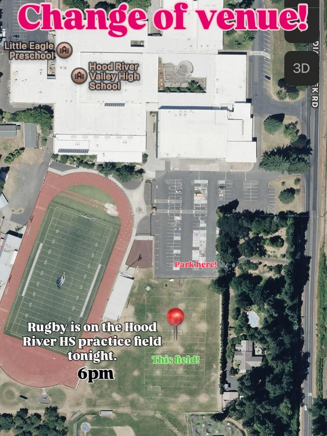 Rugby is moving up to the Hood River Valley High School for winter. Tonight we will be on the practice field behind the stadium. 6-8pm. Rugby under the lights!