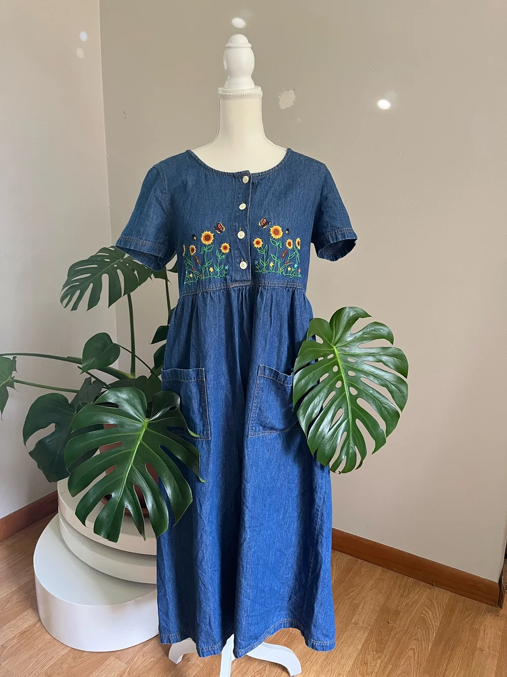 white christmas dresses Vintage OshKosh Baby B'gosh Sunflower Blue Wash Dress – Yellow Clover  Vintage Kids Clothes main image 0
