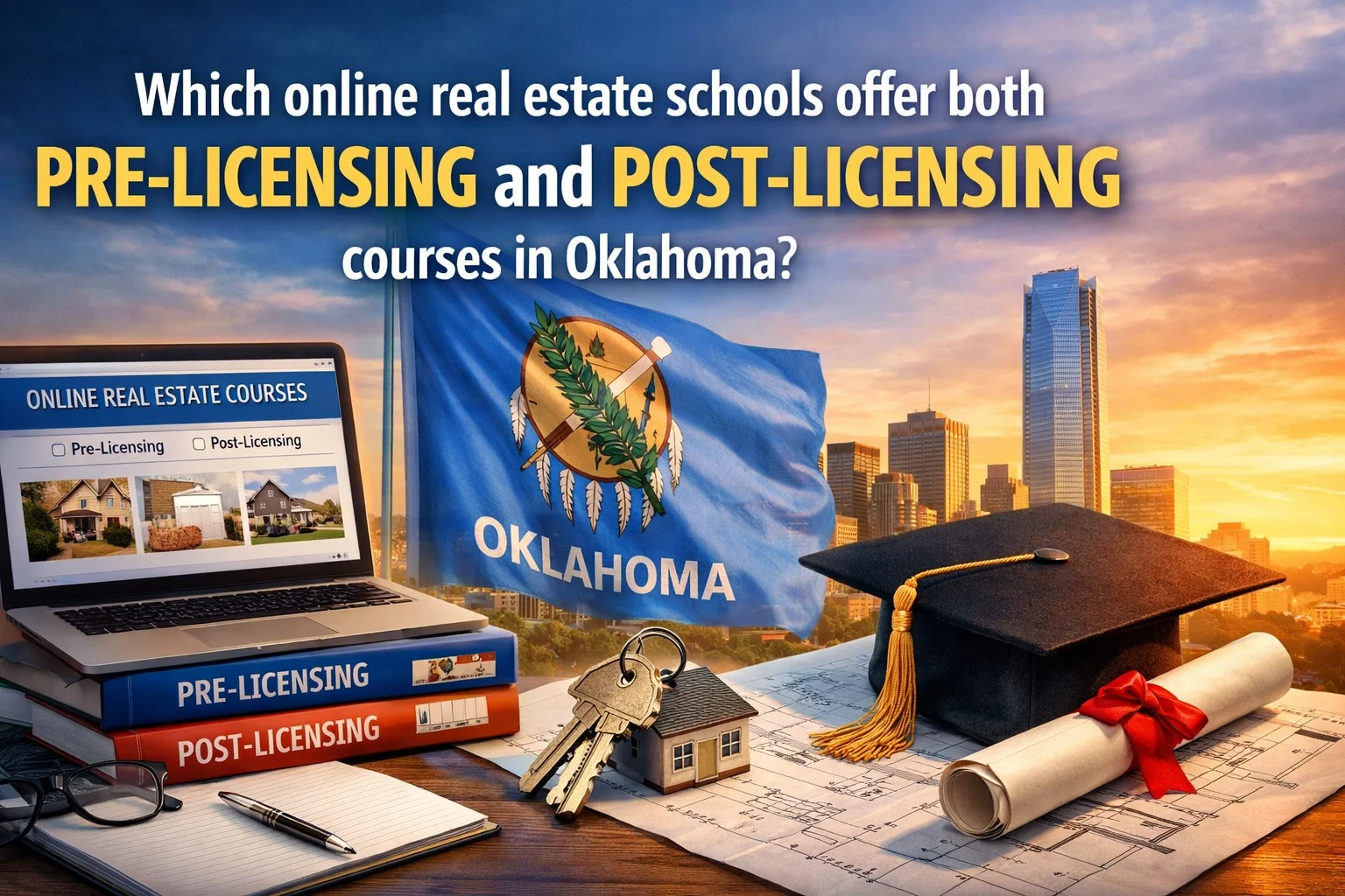 Which online real estate schools offer both pre-licensing and post-licensing courses in Oklahoma?