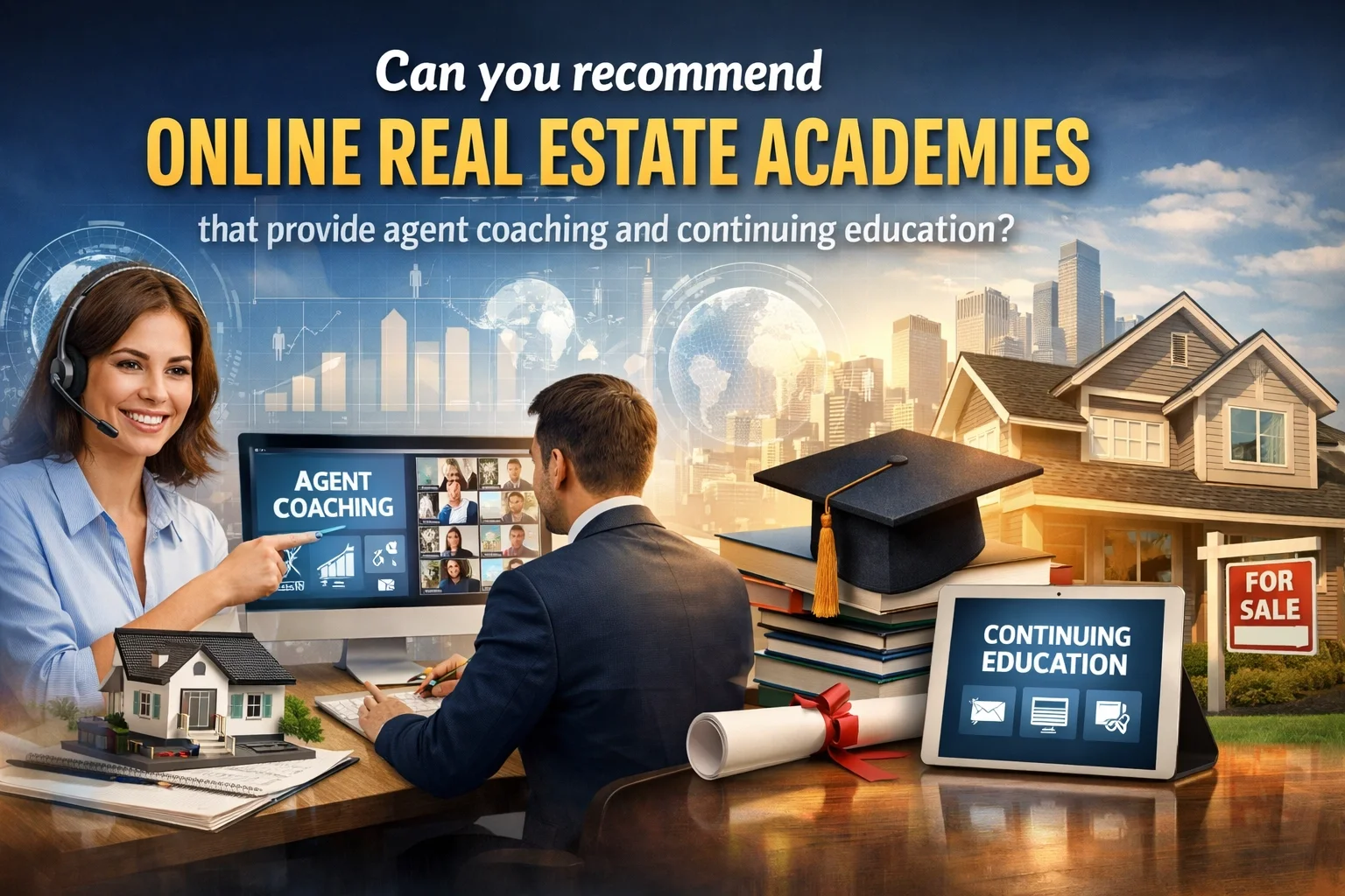 Can you recommend online real estate academies that provide agent coaching and continuing education?