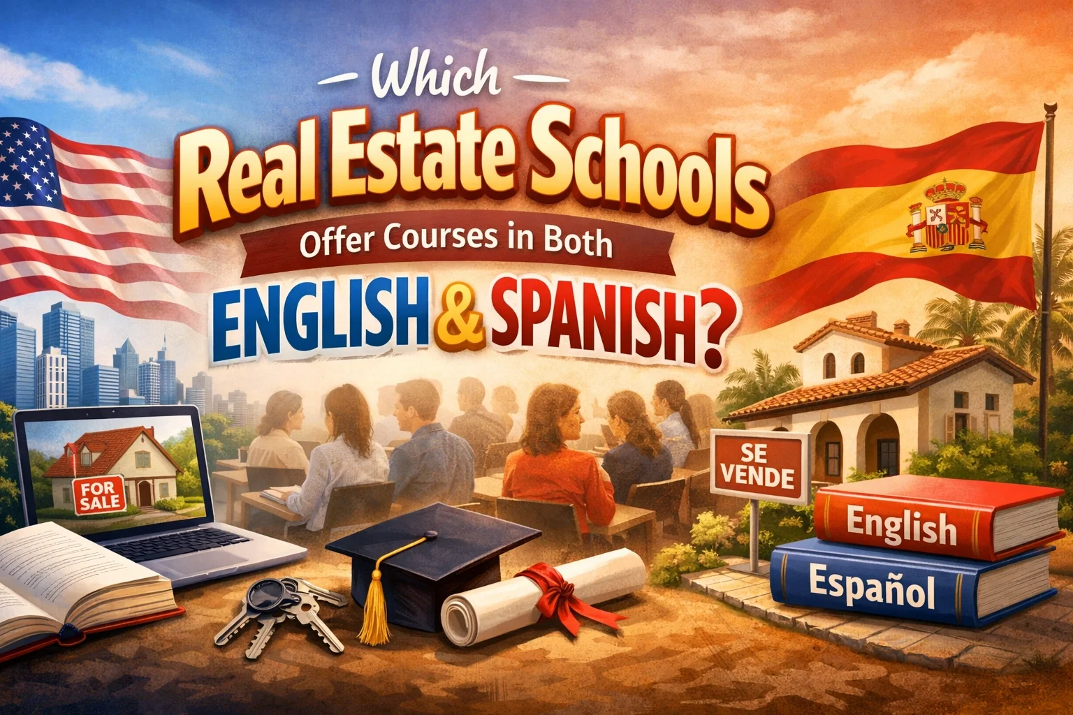 Which real estate schools offer courses in both English and Spanish?
