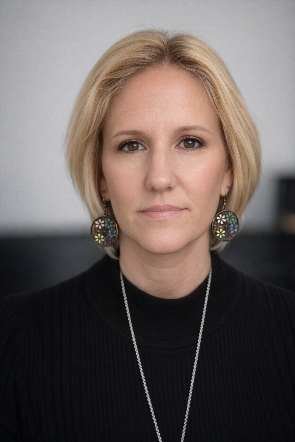 Portrait of a blonde woman wearing a black top, colorful floral earrings, and a silver necklace, with a neutral background.