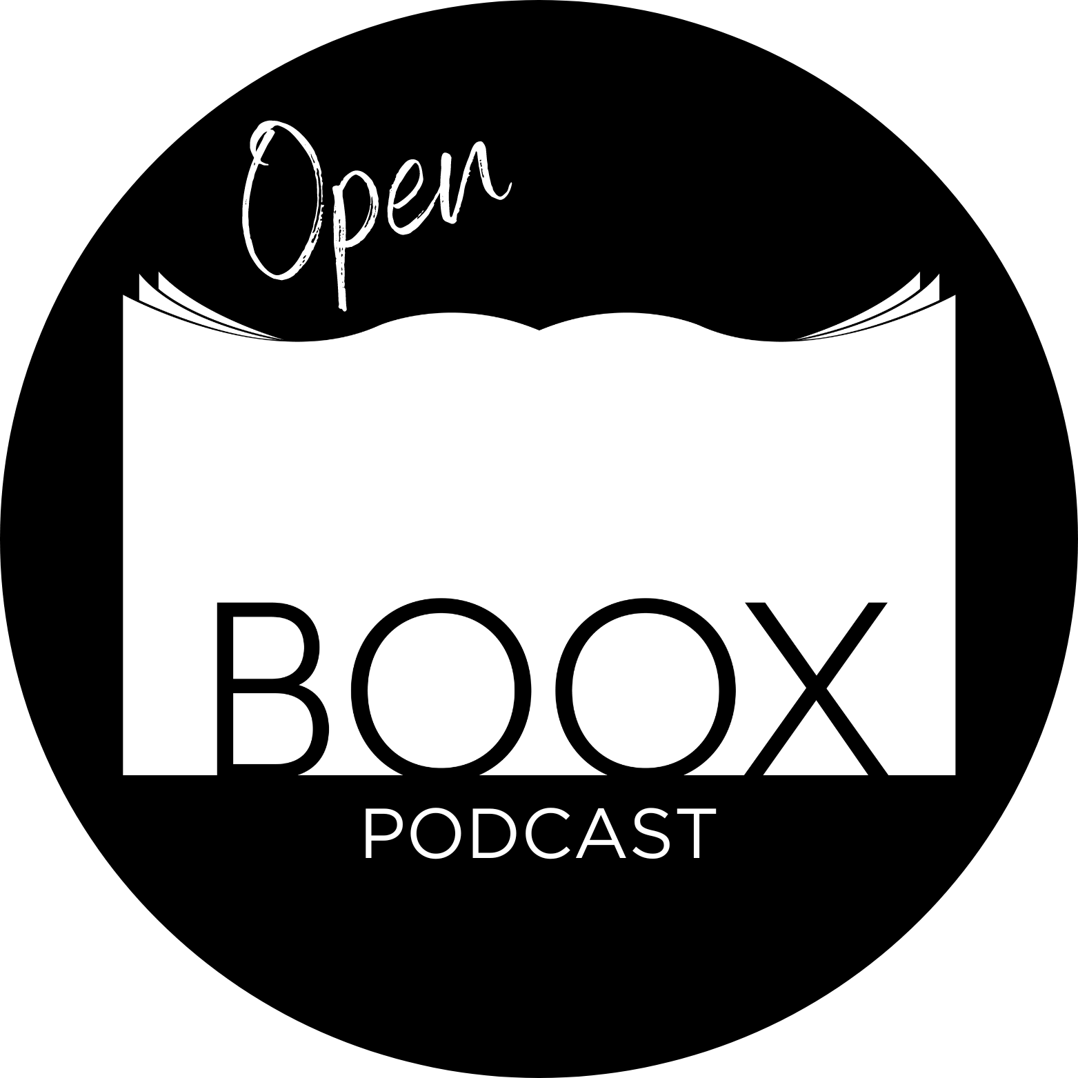 Black background with a white open book illustration and the words 'Open' in script at the top, 'BOOK' in large font inside the book, and 'PODCAST' underneath.
