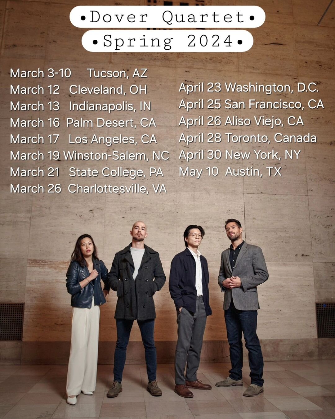 We are so excited for our upcoming concerts, including a fantastic tour with @leifoveandsnes ! Come join us 🎵
For more details, visit: www.doverquartet.com/schedule 
See you soon!
&bull;
&bull;
&bull;
#tourdates #concerts #stringquartet #pianoquinte