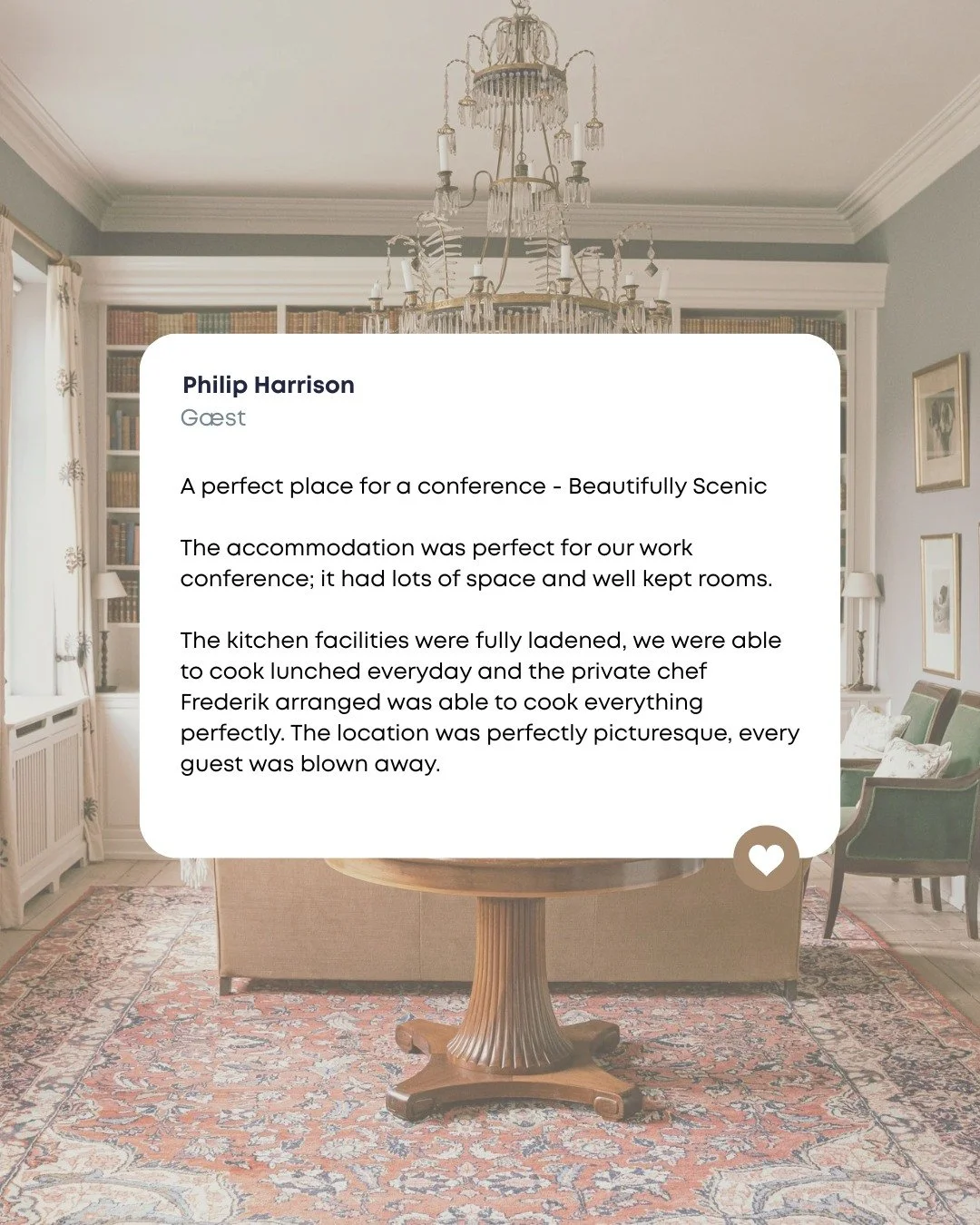 &ldquo;A perfect place for a conference &ndash; beautifully scenic.&rdquo;

Vi bliver s&aring; glade, n&aring;r vores g&aelig;ster oplever Agerup pr&aelig;cis som det, vi &oslash;nsker at tilbyde: plads, ro og en natursk&oslash;n ramme for gode m&osl