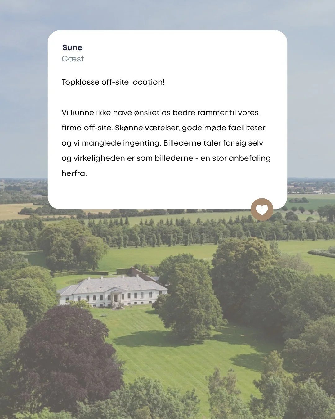 Skal jeres n&aelig;ste off-site have lidt mere klasse?

"Topklasse off-site location. Vi kunne ikke have &oslash;nsket os bedre rammer til vores firma off-site. Sk&oslash;nne v&aelig;relser, gode m&oslash;defaciliteter og vi manglede ingenting. 